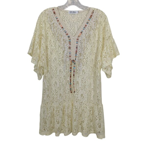 Arty Blush‎ Lace Boho Tunic Flutter ruffle short sleeve Beige Bohemian Gypsy S/M - Picture 1 of 14